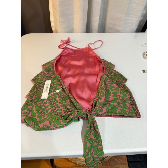 Trina Turk Halter Top Ruffle Petal Top Tiered Sleeveless Pink Green Floral - Picture 2 of 6